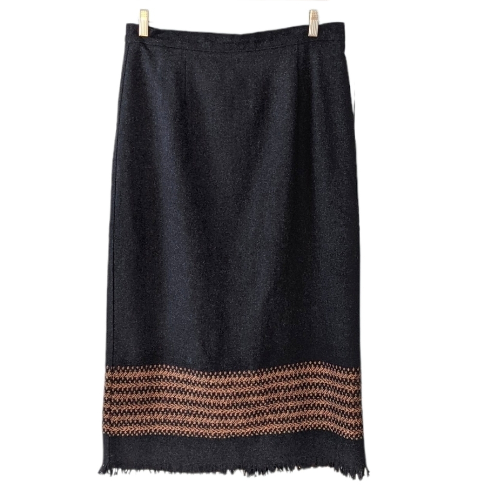VINTAGE wool blend embroidered raw hem maxi skirt heather black size Medium @A9